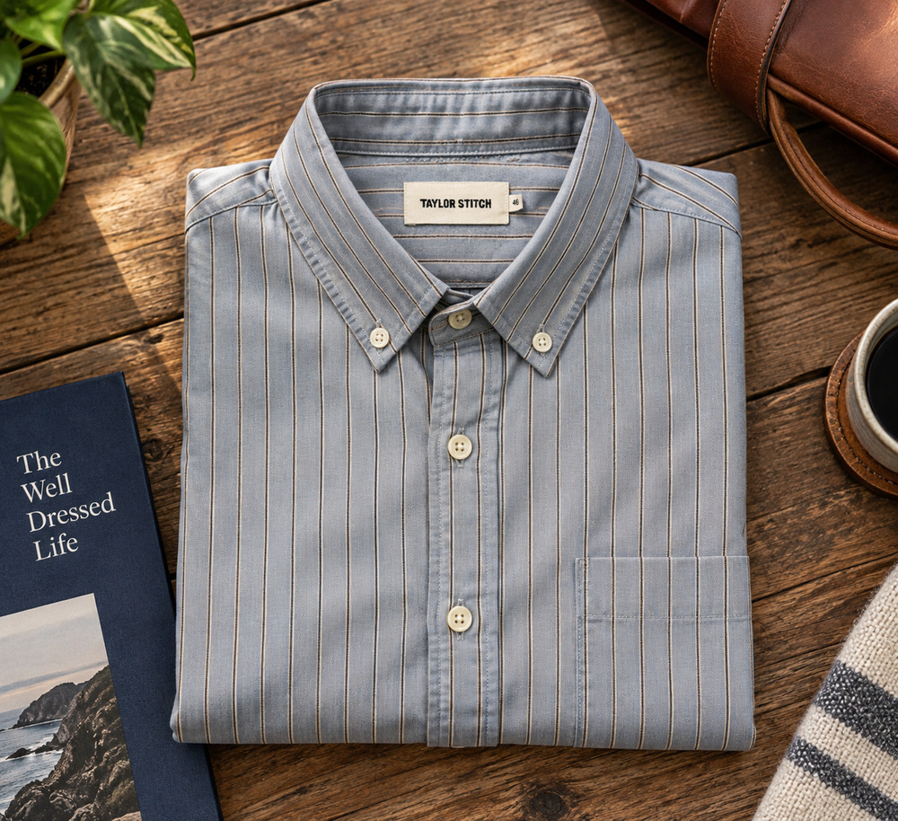 Taylor Stitch The Jack Parkway Stripe Shirt Men's 2XL 46 Organic Cotton Blue